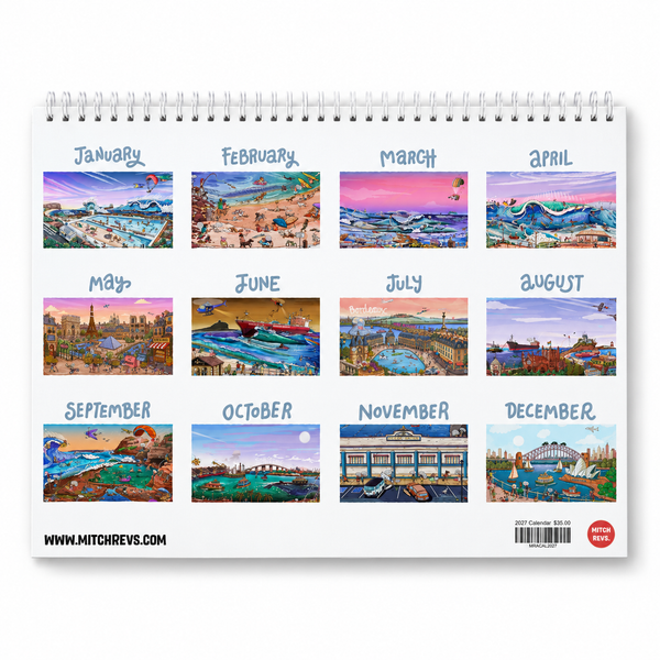 Mitch Revs 2027 Find It Calendar back showing the twelve monthly artworks