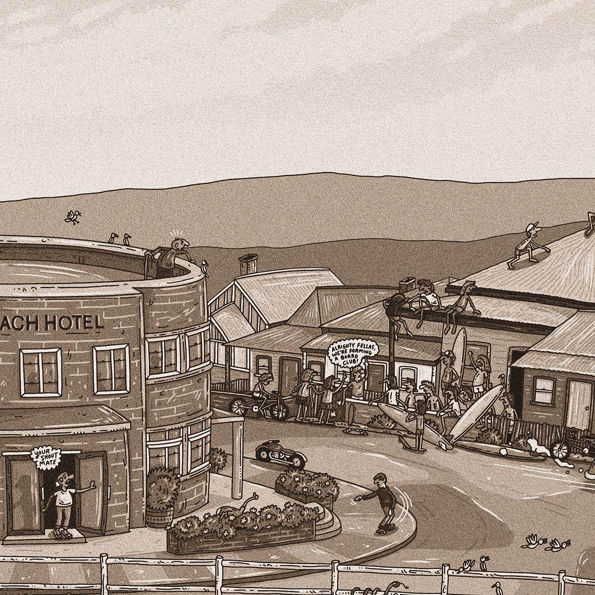 Founders Sketch - Merewether Surfboard Club (Sepia)